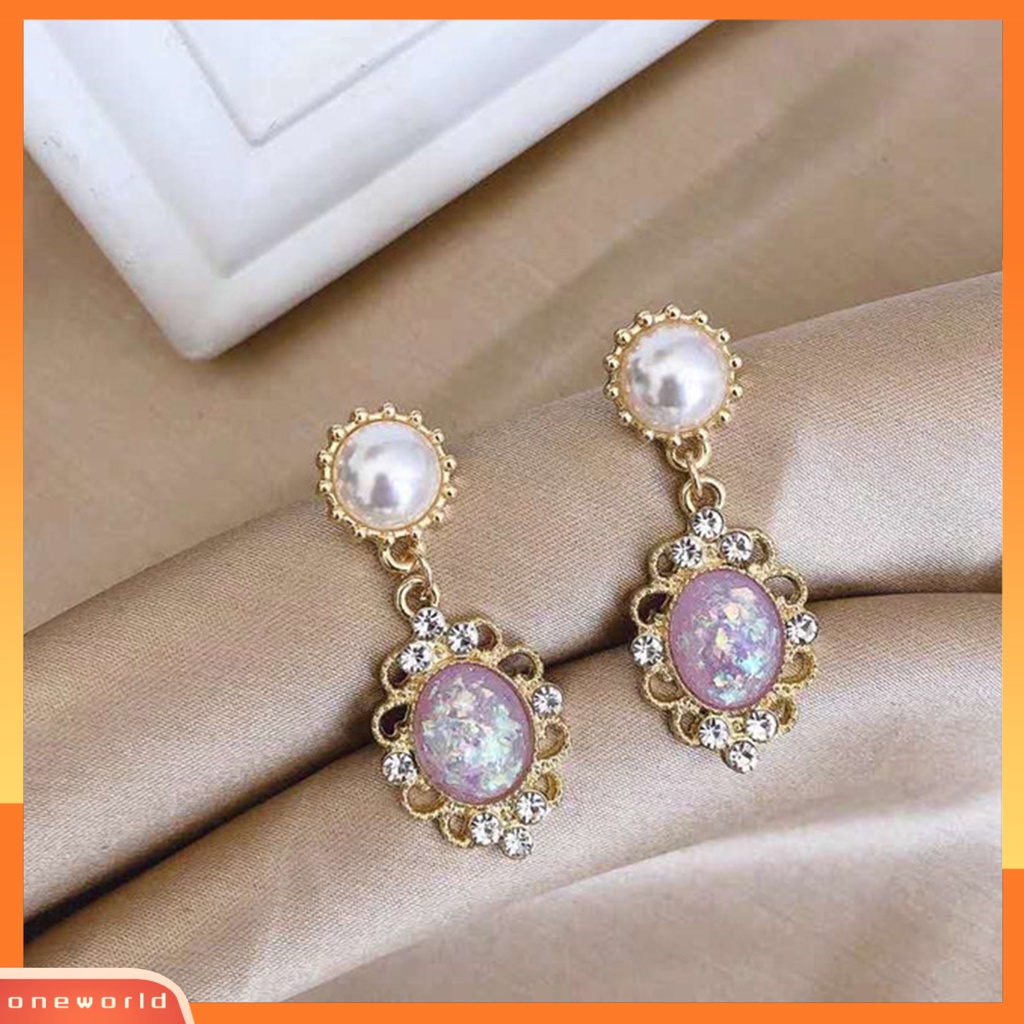 [WOD] 1pasang Wanita Drop Earrings Shiny Cubic Zirconia Mutiara Imitasi Royal Hollow Keluar Anting Perjamuan Perhiasan Perempuan