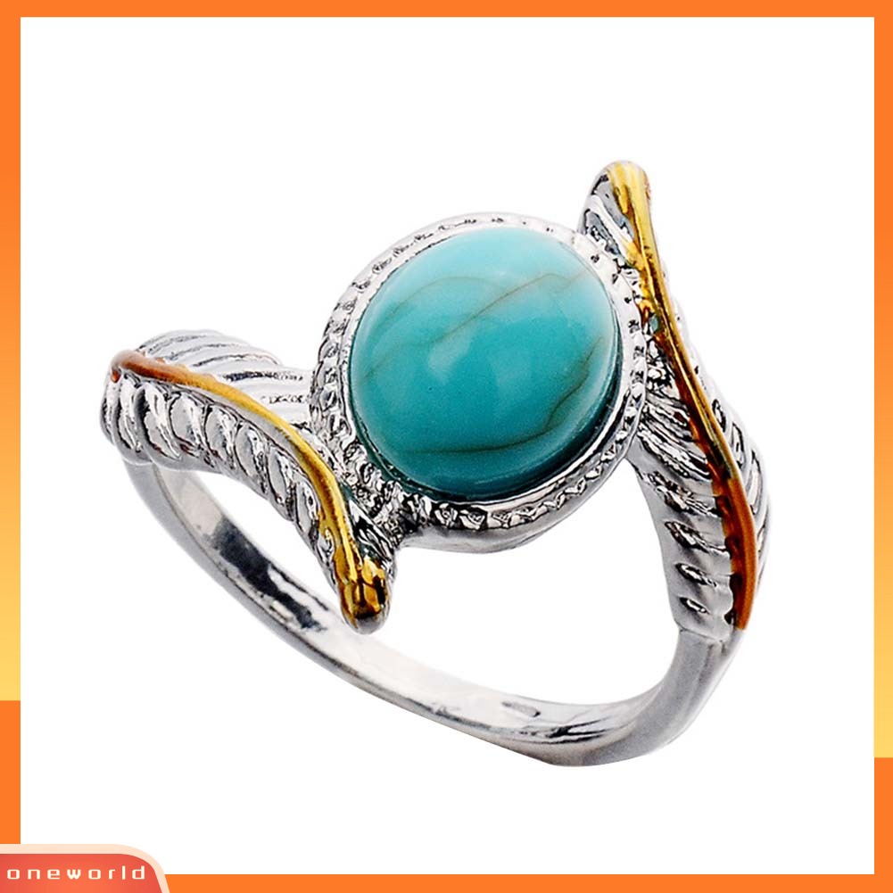 [WOD] Vintage Two Tone Twist Leaf Faux Turquoise Cincin Wanita Pernikahan Pertunangan Perhiasan