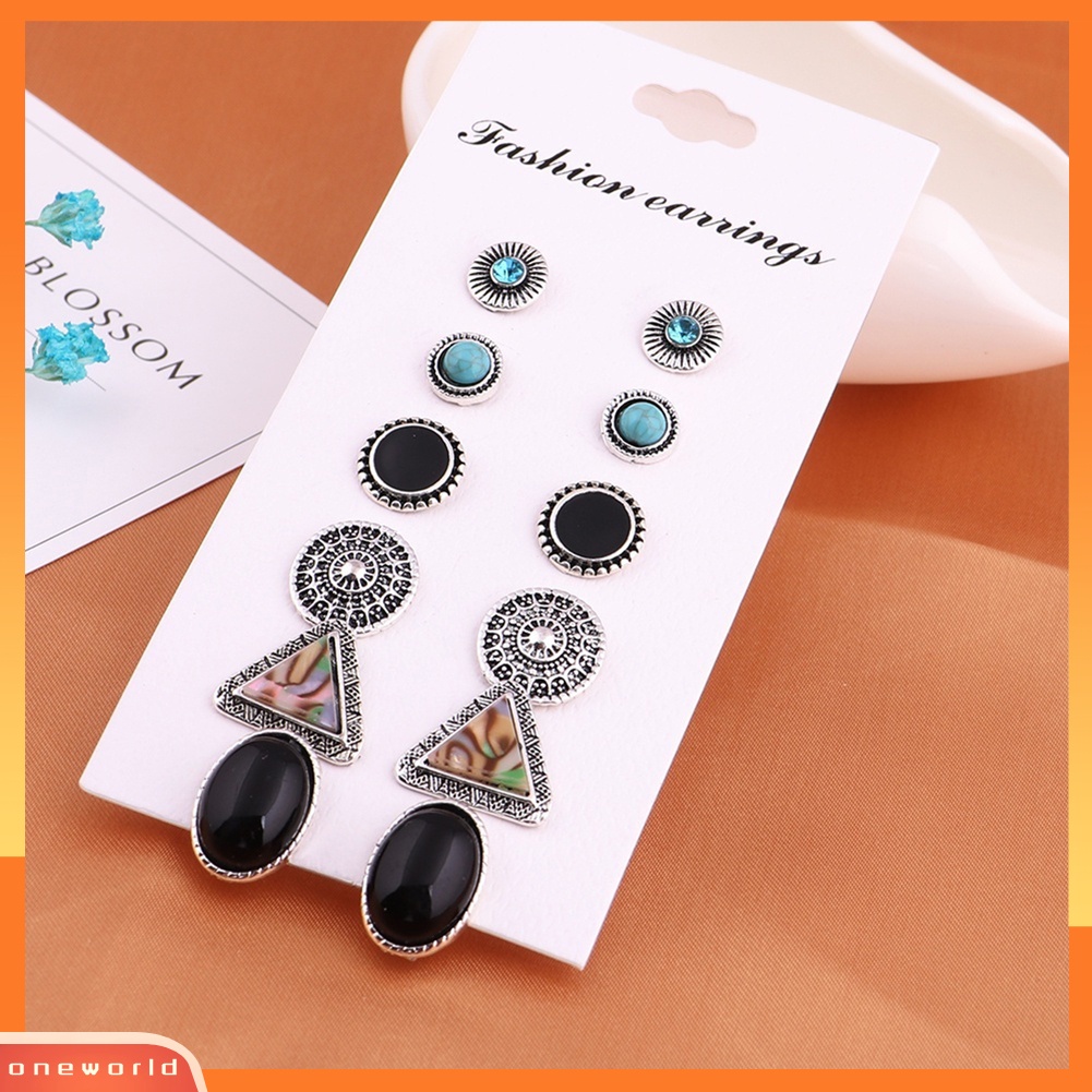 [WOD] 6pasang Set Anting Vintage Bohemian Geometris Berlian Imitasi Turquoise Untuk Wanita