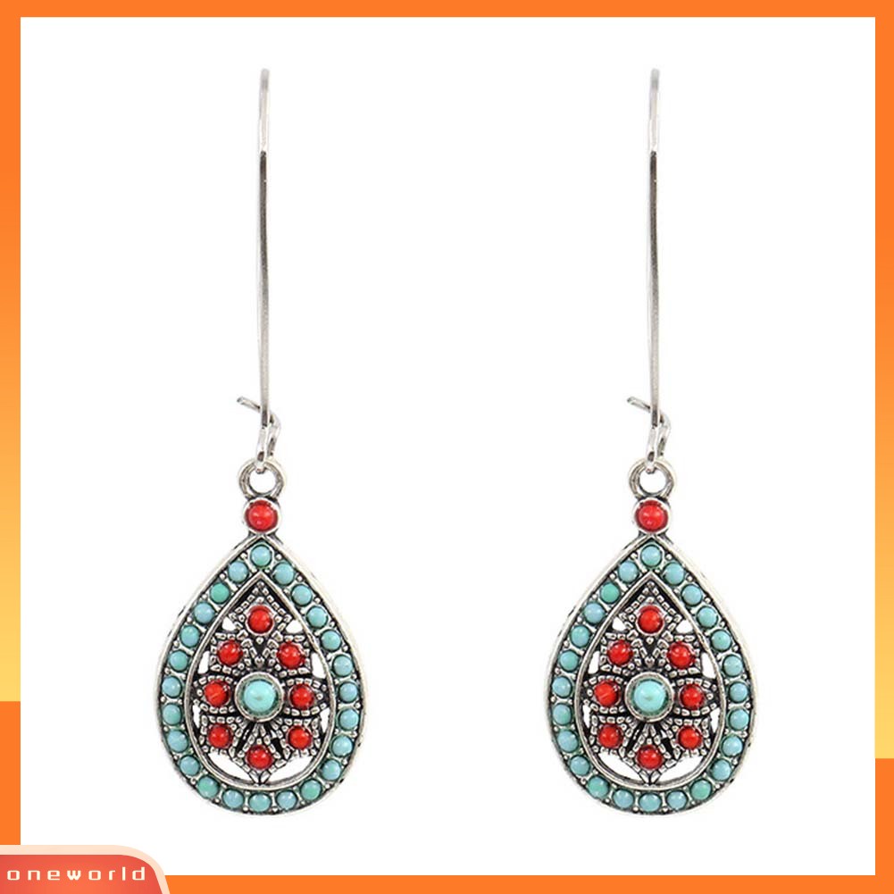 [WOD] Bohemian Wanita Manik-Manik Faux Turquoise Hias Hollow Teardrop Menjuntai Kait Anting