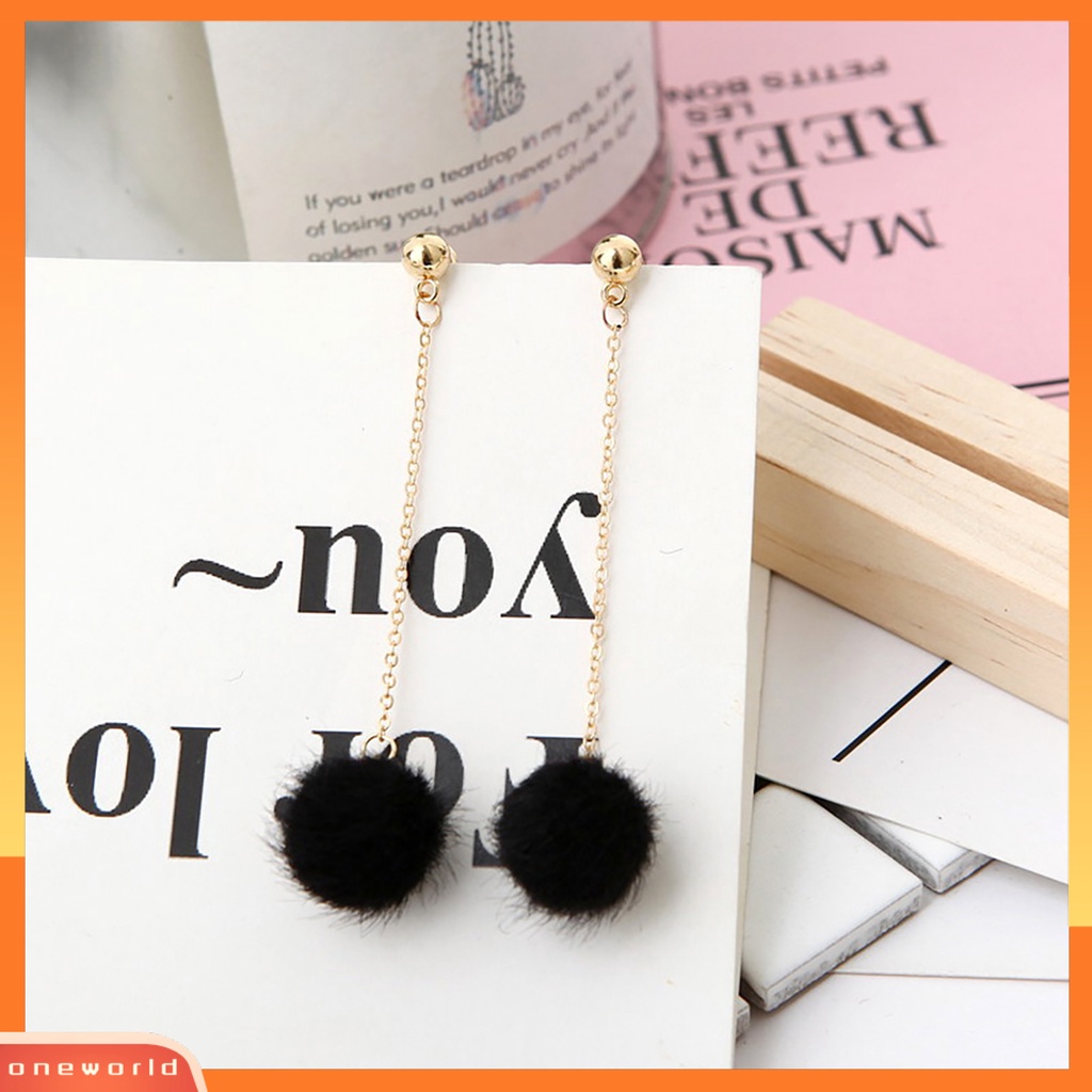 [WOD] 1pasang Anting Wanita Perhiasan Fashion Ringan 5warna Fluffy Ball Anting Menjuntai Panjang Untuk Cocktail