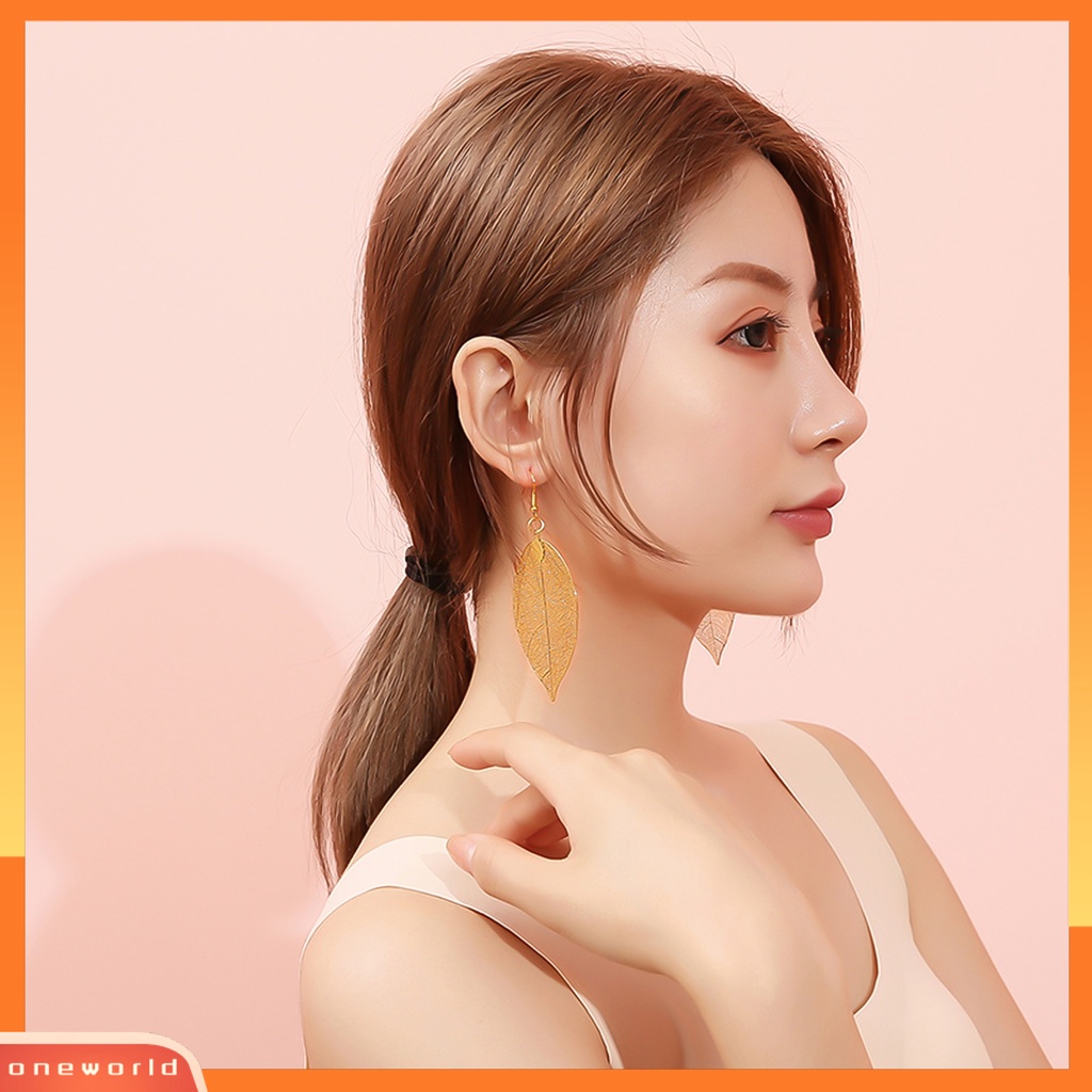 [WOD] Anting Kait Hollow Daun Menjuntai Anti Karat Wanita Hook Piercing Earrings Perhiasan Untuk Perjamuan