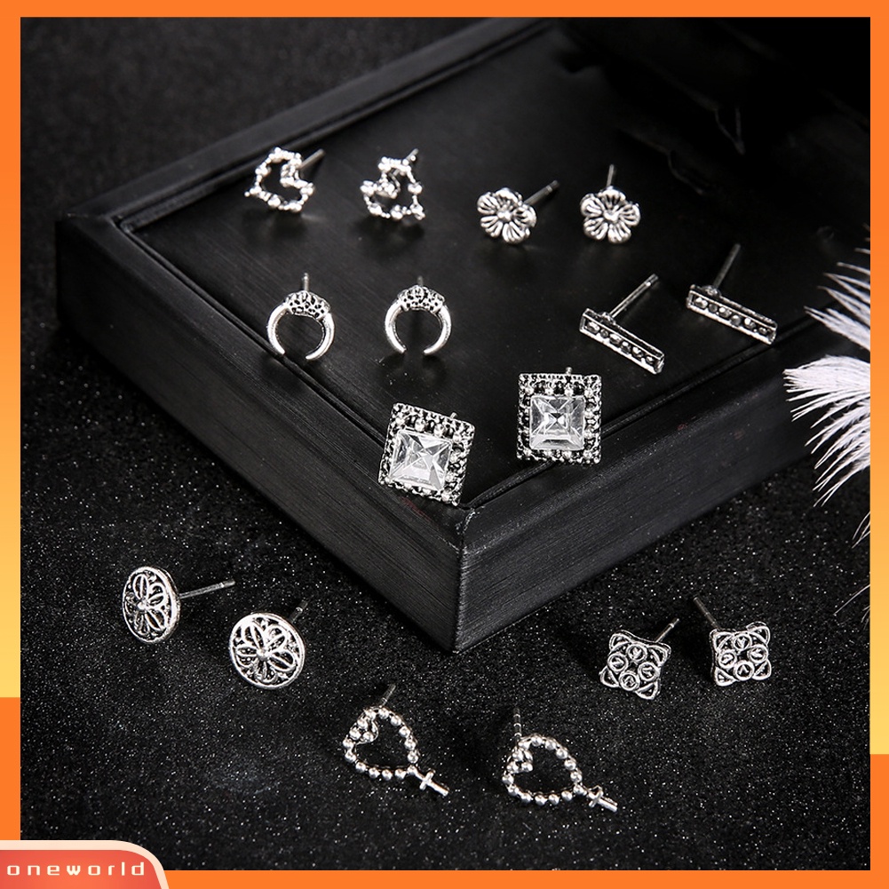 [WOD] 8pasang /Set Vintage Berongga Hati Salib Bunga Telinga Stud Anting Wanita Perhiasan