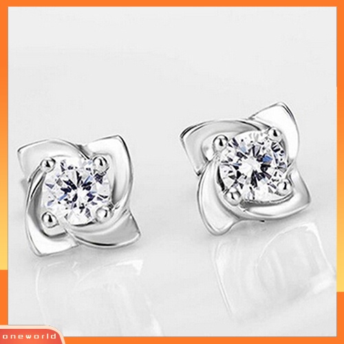 [WOD] Wanita Pernikahan Bunga Cubic Zirconia Perak Disepuh Ear Stud Earrings