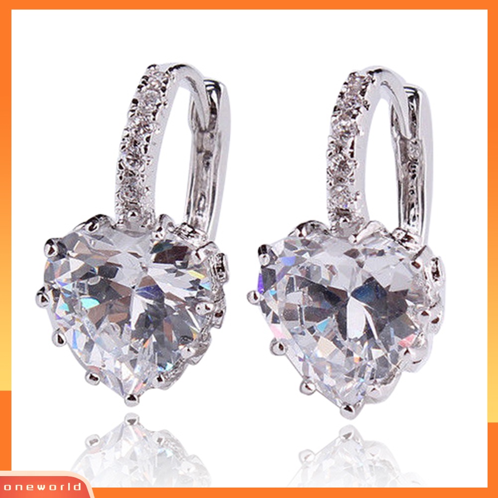 [WOD] Woman 18K White Gold Plated Berlian Imitasi Bersinar Hati Anting Hoop Abadi