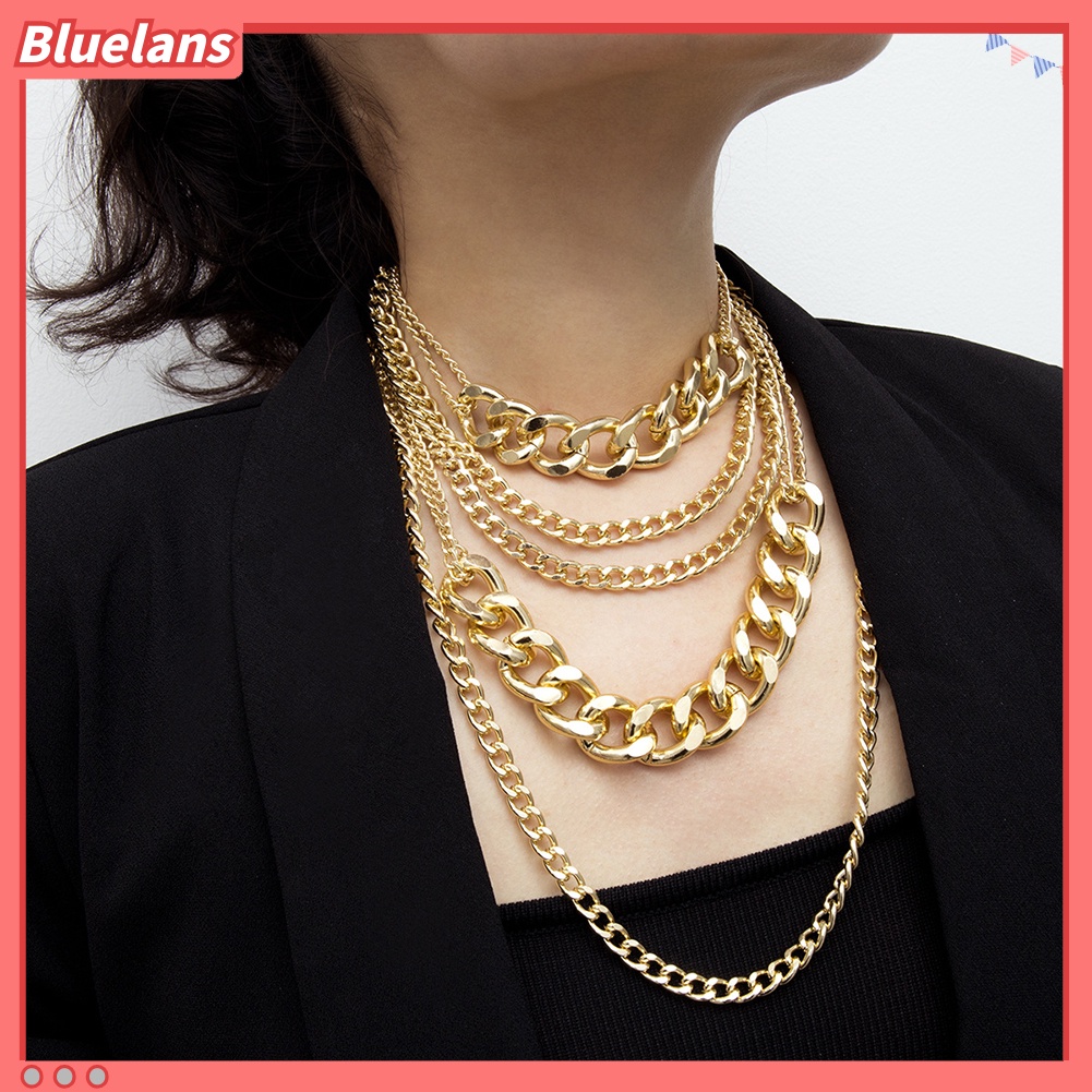 [BLS] Punk Wanita Multi-layer Curb Rantai Pernyataan Kalung Batu Hip-hop Perhiasan Hadiah