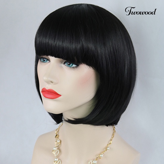 Twowood Fashion Wanita Pendek Lurus Bobo Dengan Poni Penuh Wig Cosplay Pesta Ekstensi