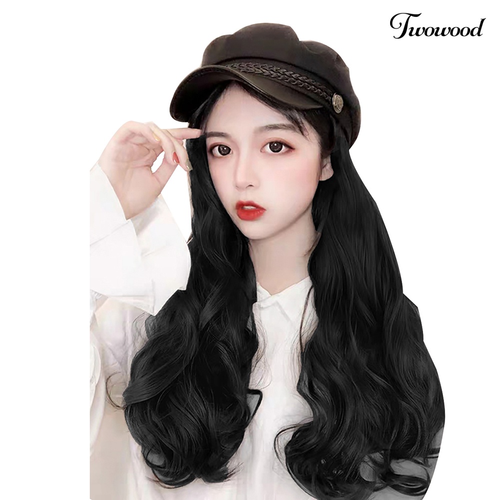 Twowood Wanita Fashion Rambut Palsu Panjang Gelombang Lurus Hairpiece Hair Extension Dengan Topi Berujung