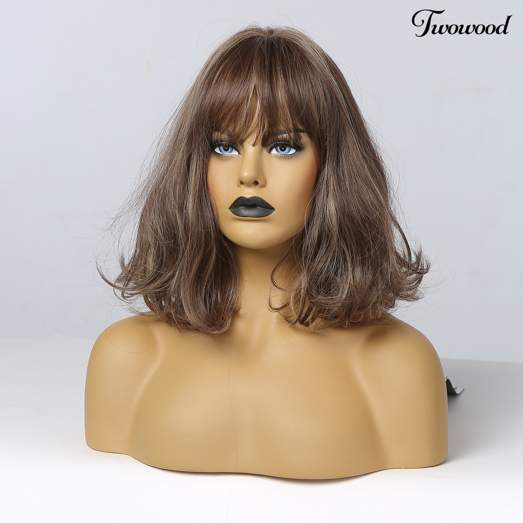 Twowood Wig Warna Gradasi Tahan Panas Coklat Wanita Berbulu Sopak Pendek Dengan Poni Untuk Pesta