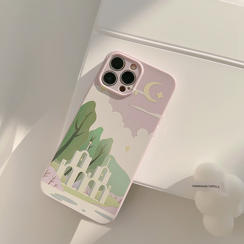 Cream Church Scenery Soft Silicon Case iP iPhone 14 + Plus 11 12 13 Pro Max FTD Girl Woman Casing Apple