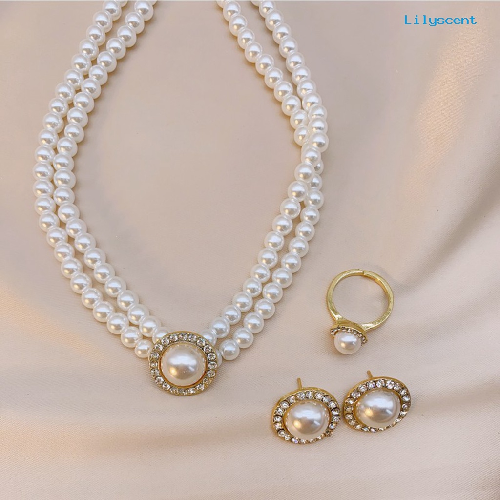 [LS]1 Set Kalung Pengantin Gaya Perancis Vintage Temperamen Double Layer Elegan Hadiah Hypoallergenic High Gloss Mutiara Imitasi Anting Cincin Perhiasan Pernikahan