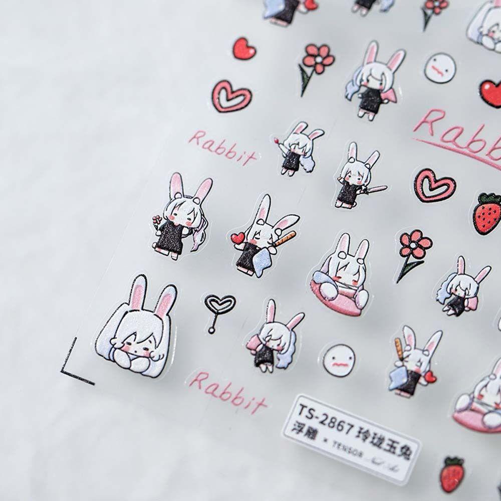 Mxbeauty Stiker Kuku Lucu Relief Love Hati Manicure Kelinci Kartun Dekorasi Kuku Untuk Wanita