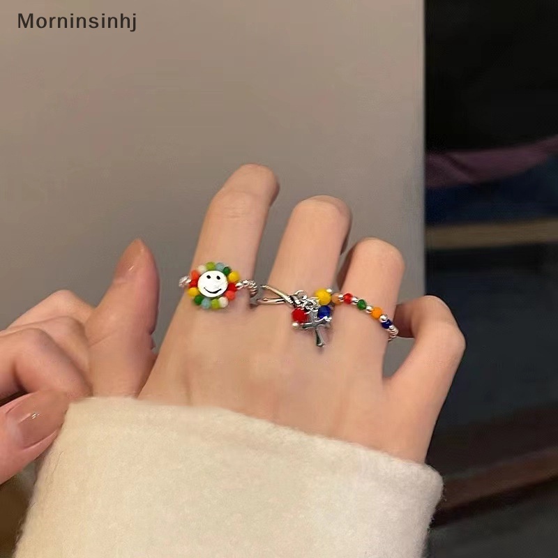 Mornin Manik-Manik Warna-Warni Smiley Elastis Manik-Manik Diy Cincin Gadis Ins Desain Niche Jari Telunjuk Cincin Pasang Perhiasan Wanita Lucu Cincin id