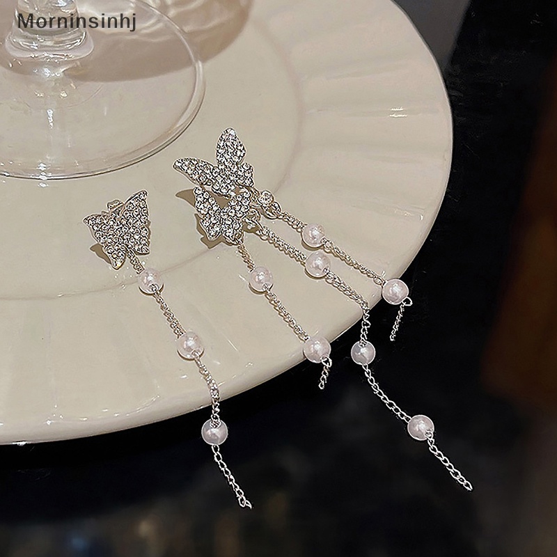 Mornin 1pasang Anting Rumbai Mutiara Kupu-Kupu Warna Silver Temperamen Zirkon Asimetris Pendant Earring Untuk Wanita Perhiasan Gaya Korea id