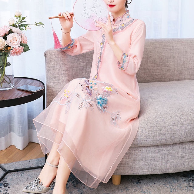 Women's improved cheongsam loose organza embroidered dress
