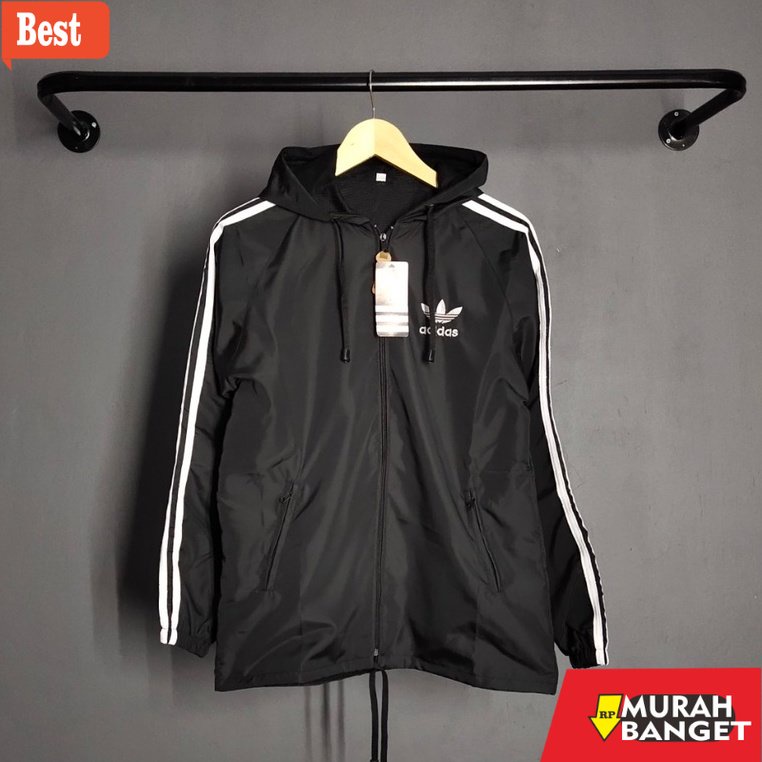 Jaket parasut pria terbaru- Jaket Pria Parasut Adidas Windbteaker Hitam List Putih XL XXL - Jaket Pa