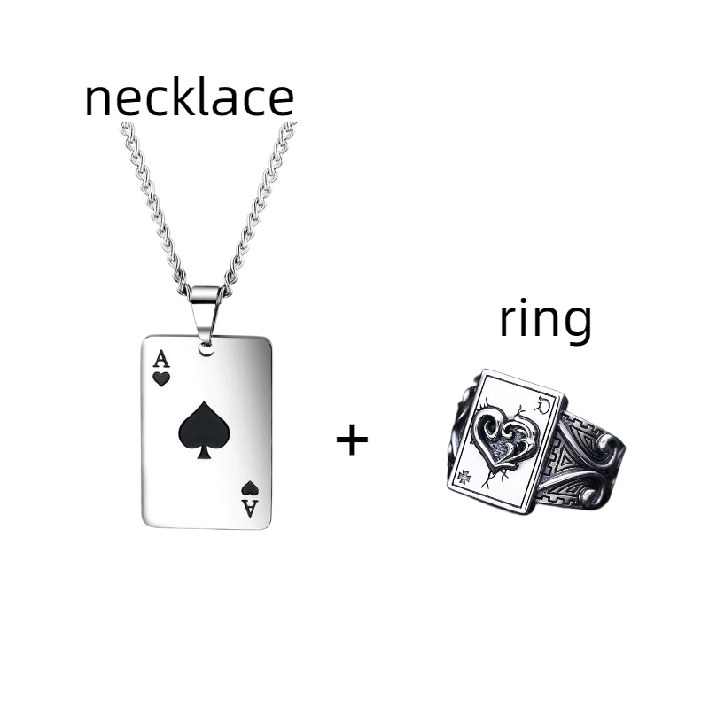 Set Cincin Kalung Poker Spade A, Kalung Rantai Huruf, Cincin Buka Poker, Set Cincin Kalung