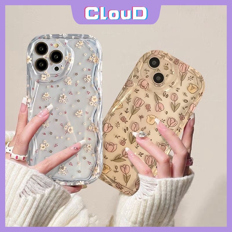 IPHONE Casing Ponsel 3D Wavy Curved Edge Kompatibel Untuk Iphone6 6s 78 Plus X XS Max SE 2020 7Plus 8Plus 11 14 13 12 Pro Max XR Transparan Fresh Flowers Soft Tpu Flower Back Cover