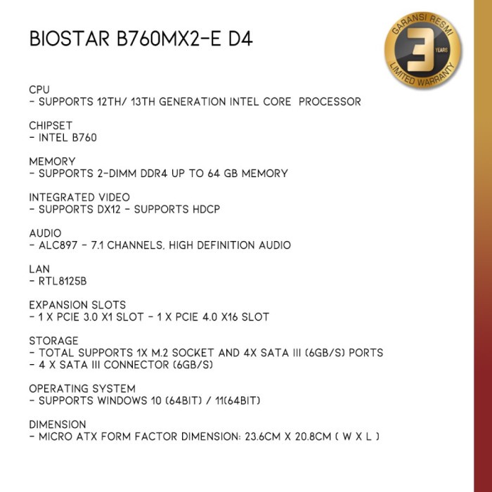 Motherboard BIOSTAR B760MX2-E D4 | Intel B760 LGA 1700 DDR4 Micro ATX - 6.0