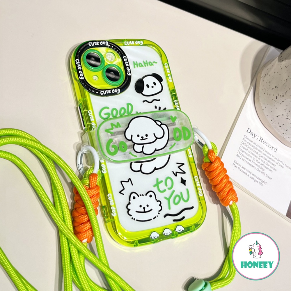 IPHONE Neon Garis Graffiti Anjing Klip Belakang Lanyard Ponsel Case Kompatibel Untuk Iphone14 12 13 Pro Max11 Penuh Bungkus Lensa Drop Cover Pelindung