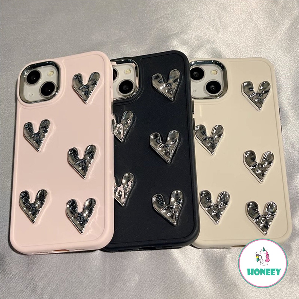 IPHONE Casing Ponsel Cinta Hati Perak Berlapis 3D Mewah Kompatibel Untuk Iphone14 13 12 11 Pro Max XS XR 7Plus 8Plus Lembut Shockproof Shell