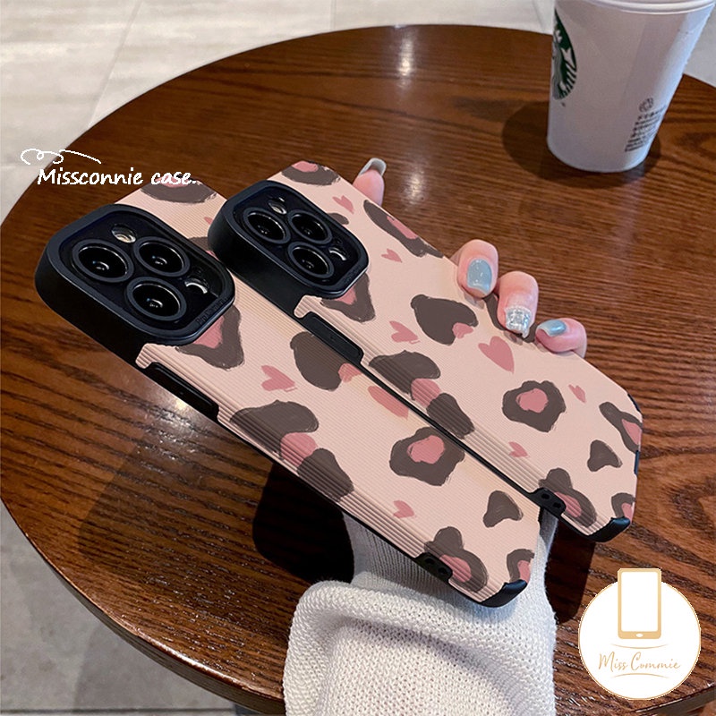 Ins Cinta Hati Shockproof Case Kompatibel Untuk IPhone XR 11 13 12 14 Pro 7Plus Max7 8 Plus X XS MAX Merek Trendi Leopard Jahitan Kontras Penutup Tekstur Kulit