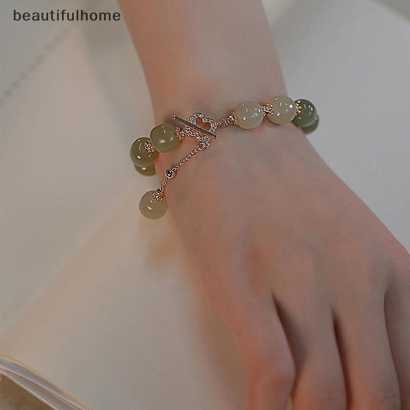 {beautifulhome} Vintage Cahaya Imitasi Hetian Giok Manik-Manik Pesona Gelang Pesta Kasual Mutiara Zirkon Perhiasan Fashion Untuk Wanita Hadiah.
