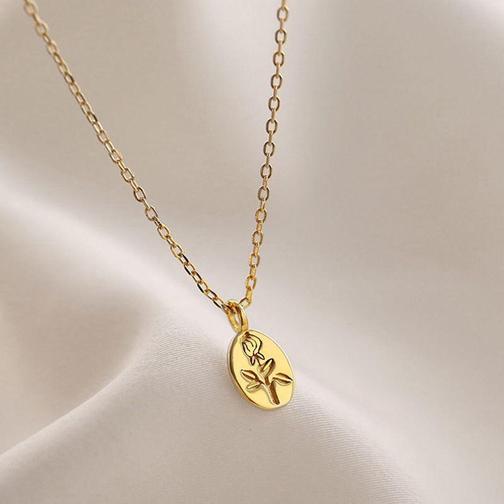 Mxbeauty Wanita Kalung Indah Oval Pendent Perak Fashion Perhiasan Ins Gaya Alloy Rose Flower Pendent Necklace Untuk Hadiah Perempuan