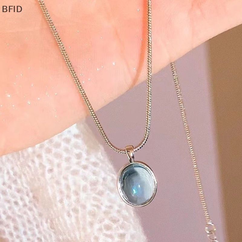 [BFID] Fashion Warna Perak Biru Moonstone Aquamarine Kalung Desain Unik Oval Rantai Klavikula Kristal Untuk Teman Wanita Perhiasan Hadiah [ID]