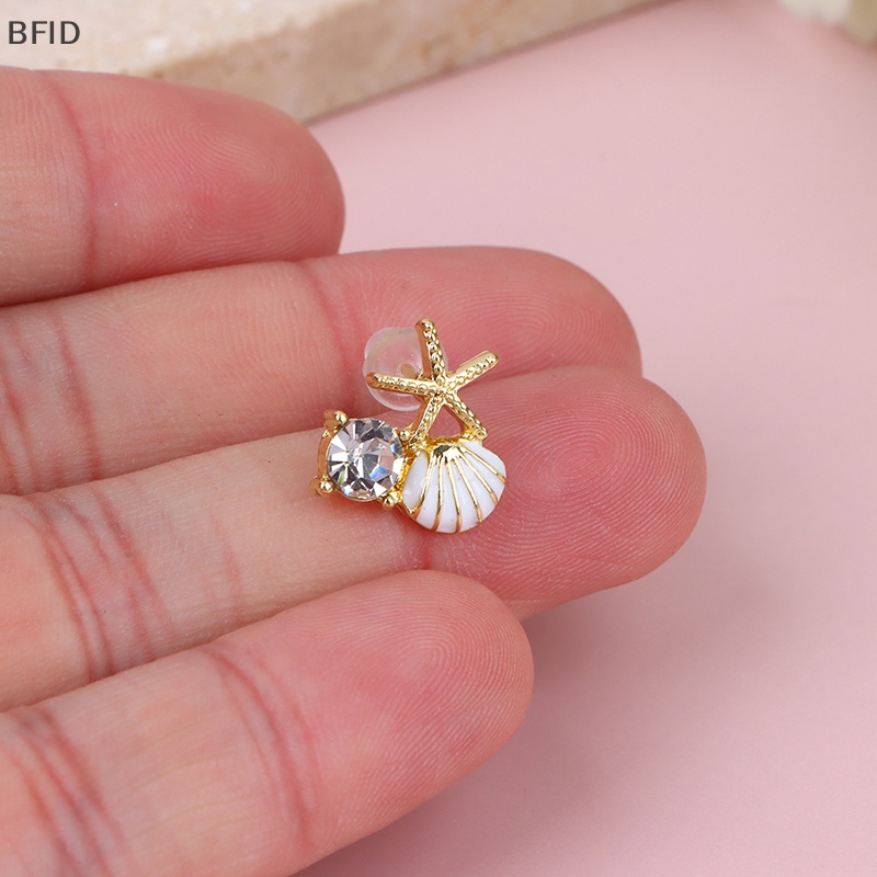 [BFID] 1pasang Paduan Asimetris Sederhana Bintang Laut Ear Studs Zircon Pearl Earrings [ID]