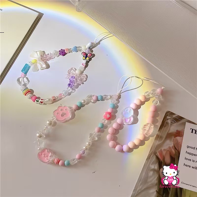 Baru Hitam Putih Beruang Senyum Cinta Hati Manik-Manik Rantai Ponsel Pesona Wanita Gadis Dekorasi Ponsel Lanyard Tali Telepon