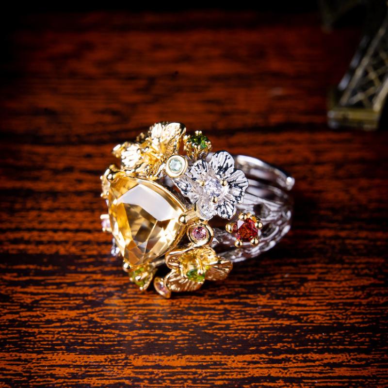 [FRA] Imitasi natural citrine Berwarna Batu Permata Cincin Italia Pengadilan Perhiasan Kerajinan Terang Dan high-end Terbuka Cincin