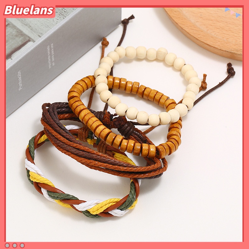 [BLS] Retro Tenun Tangan diy Empat Potong Gelang Kulit Tali Rami Sederhana Tali Tangan