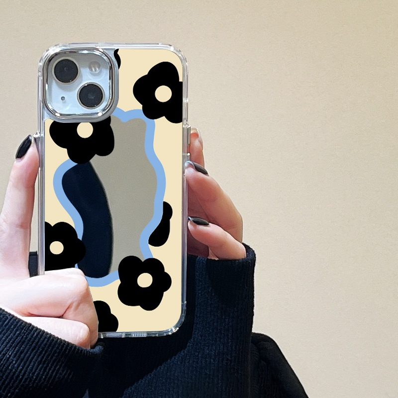 IPHONE Casing Ponsel Cermin Bunga Hitam Kompatibel Untuk Iphone11 12 13 14 12Pro 13Pro 14Pro Pro Max XR X XS Max Electroplating Tombol Perlindungan Mirror Cover
