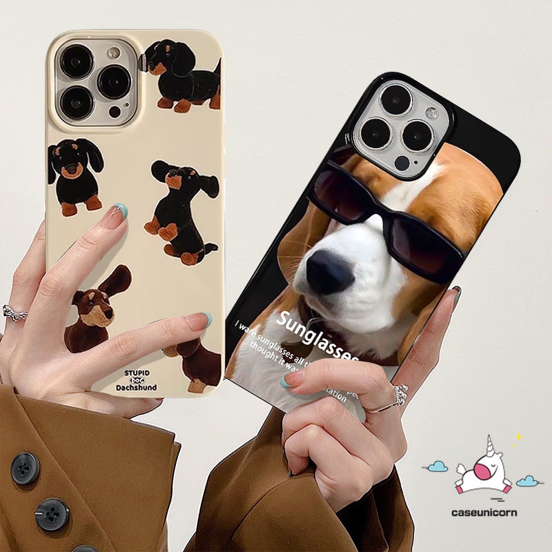 IPHONE Fashion Gaya Korea Kartun Anjing Lucu Doodle Tag Case Kompatibel Untuk Iphone11 13 XR X14 12 Pro Max 7 8 Plus XS Max SE 2020 Glossy Shockproof Kartun Kacamata Hitam Anjing Keren Soft Case
