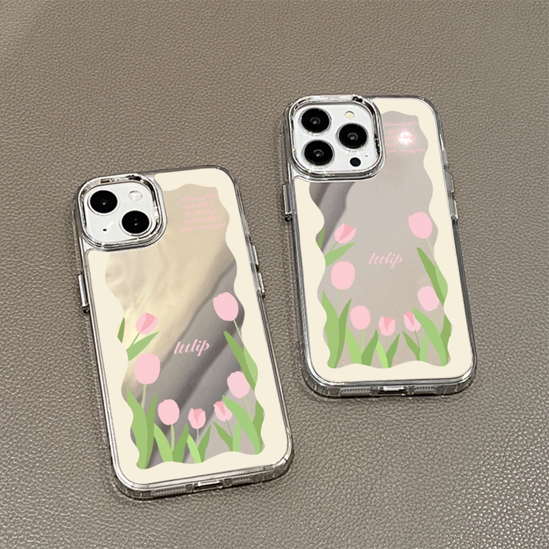 IPHONE Casing Ponsel Cermin Tulip Bunga Pink Kompatibel Untuk Iphone11 12 13 14 12Pro 13Pro 14Pro Pro Max XR X XS Max Electroplating Tombol Perlindungan Mirror Cover