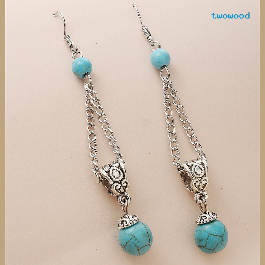 Twowood Turquoise Bead Tassel Anting Panjang Anting Vintage