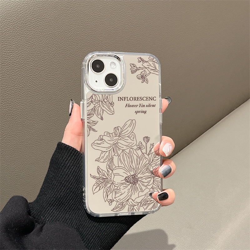 IPHONE Line Flower Design Mirror Phone Case Kompatibel Untuk Iphone11 12 13 14 12Pro 13Pro 14Pro Pro Max XR X XS Max Electroplating Tombol Perlindungan Mirror Cover