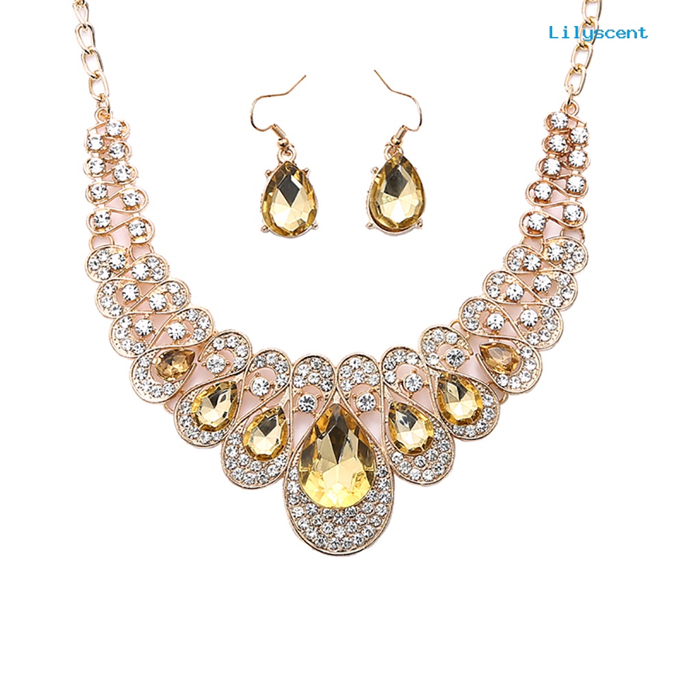 [LS]2Pcs/Set Teardrop Berlian Imitasi Statement Bib Kalung Anting Perhiasan Pengantin Hadiah