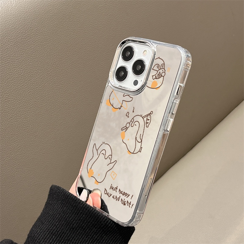 IPHONE Casing Ponsel Cermin Penguin Happy Kompatibel Untuk Iphone11 12 13 14 12Pro 13Pro 14Pro Pro Max XR X XS Max Electroplating Tombol Perlindungan Mirror Cover