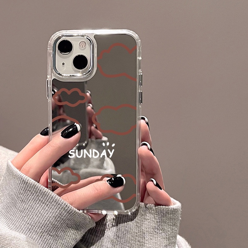 IPHONE Sunday Casing Ponsel Cermin Awan Merah Kompatibel Untuk Iphone11 12 13 14 12Pro 13Pro 14Pro Pro Max XR X XS Max Electroplating Tombol Perlindungan Mirror Cover