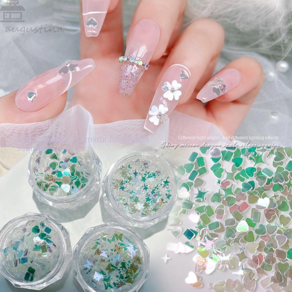 AUGUSTINA Agustina Glitter Nail Sequin Nail Art Perhiasan Ins Gaya Cinta Hati Bulan Cermin Kuku Sequin Nails Flakes Slice