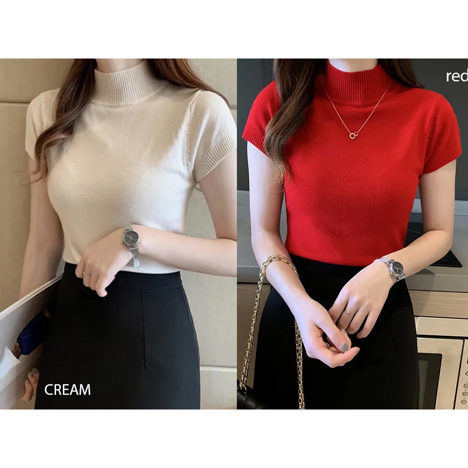 Blouse lengan pendek knit kerah tinggi
