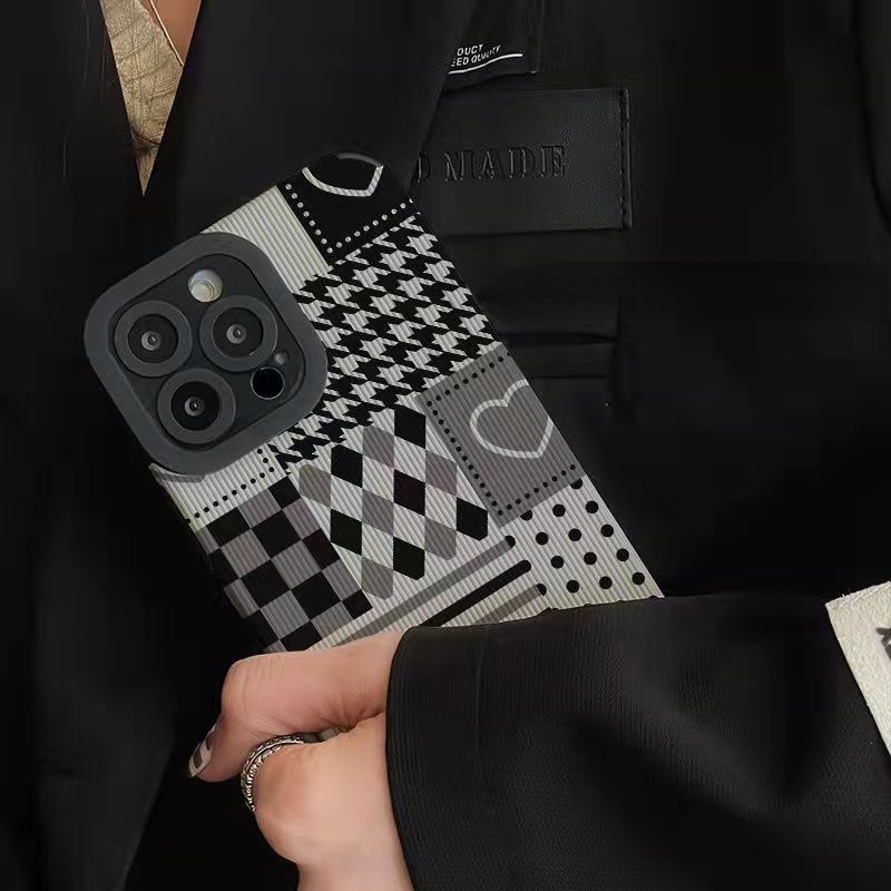 【Lamb Skin】SoftCase for IPhone 6S 7 Plus 8 Plus X XS XR XS Max 11 13 12 14 PRO Max 14 Plus 12 13 MINI Phone Case Grey Houndstooth Grid for girl Missconnie case