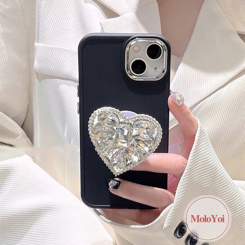 Kompatibel Untuk IPhone XR 7plus 11 14 13 12 Pro Max7 8 Plus X XS MAX Berlian Cinta Hati Bracket Phone Holder Plating Simple Mewah Warna Solid Case Soft Cover