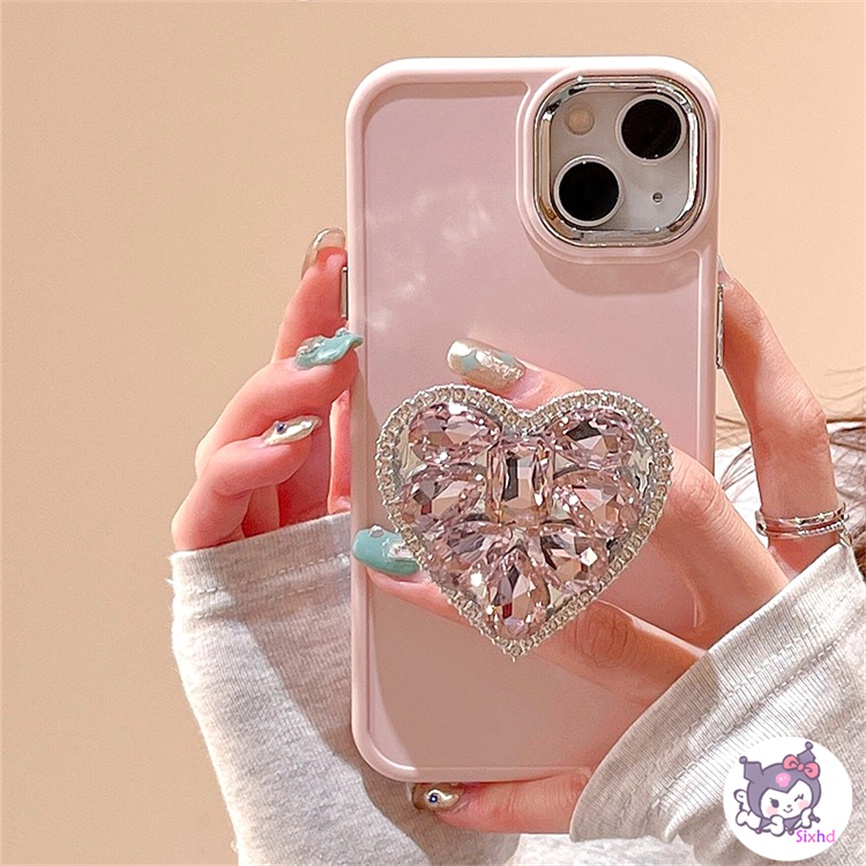 Compatible For iPhone 11 14 13 12 Pro Max 8 7Plus X Xs Xr Xs Max SE2020 Electroplated Lens Frame Protection Ins Pink Love Diamond Fashion Phone Case+Bracket Soft Anti Drop Cover