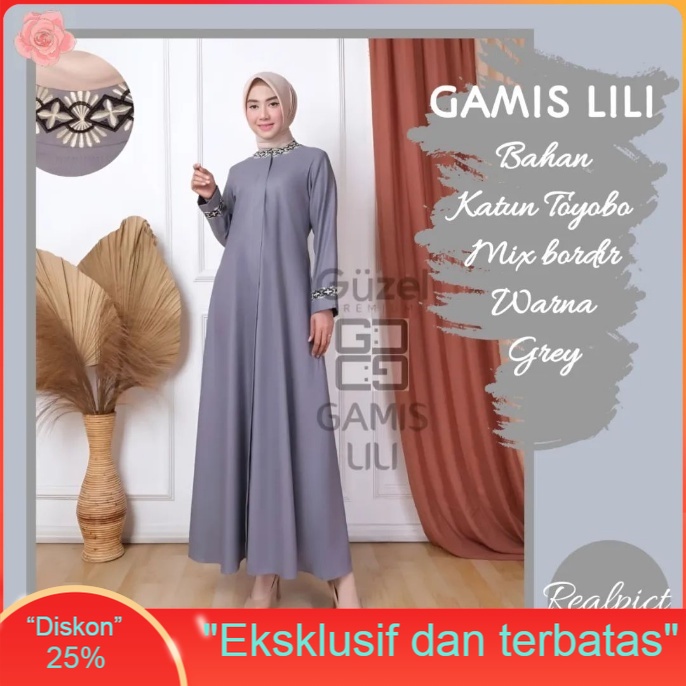 Gamis LILI Dres Muslim Cewek Dewasa Maksidres Busui Motif Bordir Maxidress Kekinian Modern