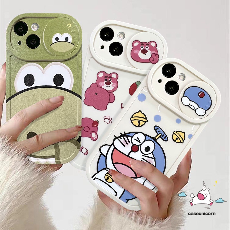 IPHONE Cute Strawberry Bear Manyo Pull Push Window Camera Protection Phone Case Kompatibel Untuk Iphone7 8 Plus 13 11 12 Pro MAX XR 7plus X XS MAX Kartun Dinosaurus Lucu Doraemon Soft Case