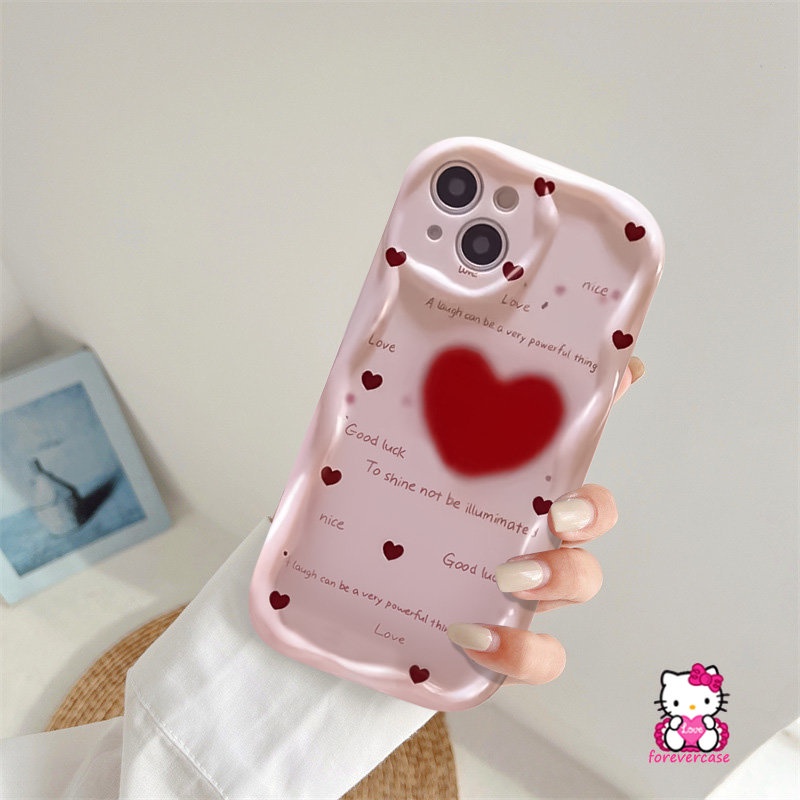 Simple English Shockproof Case Compatible For iPhone 7Plus 6 7 8 6s Plus 11 13 12 14 Pro Max XR XS X Max SE 2020 3D Wavy Curved Edge Red Love Heart Doodle Phone Soft Cover
