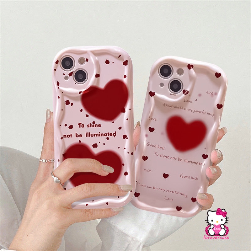 Simple English Shockproof Case Compatible For iPhone 7Plus 6 7 8 6s Plus 11 13 12 14 Pro Max XR XS X Max SE 2020 3D Wavy Curved Edge Red Love Heart Doodle Phone Soft Cover